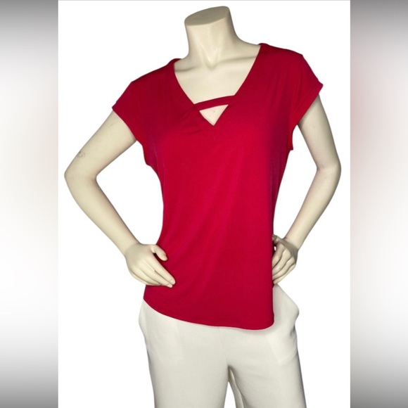 7th AVENUE NEW YORK & COMPANY Rose Pink Cap Short Sleeve V Neck Jersey Shirt, L - Picture 2 of 9